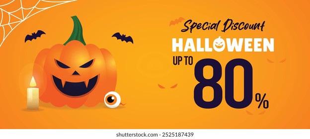 Halloween Discount Sale poster banner vector with illustration of jack o lantern pumpkin scary smile expression with eye and candle art illustration in simple background perfect for template asset ads