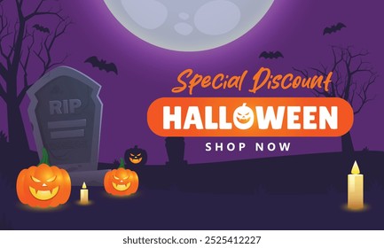 Halloween Discount Sale poster banner vector with illustration of jack o lantern pumpkin scary smile expression with eye and candle art illustration in simple background perfect for template asset ads