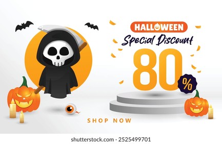 Vector de Anuncio del cartel de la venta del descuento de Halloween con la ilustración del gato del segador o la calabaza de la linterna ilustración aterradora del arte de la vela de la expresión de la sonrisa en fondo simple perfecto para los anuncios de los activos de la Plantilla