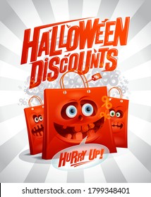 Halloween discounts sale banner mock up with funny spooky paper bags