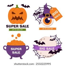 Conjunto de descuentos de Halloween. Calabaza con murciélagos, bruja con ojo, caldero de poción y murciélagos cerca de la luna. Ventas y promociones. Comercio y marketing. Colección plana del Vector aislada en el fondo blanco