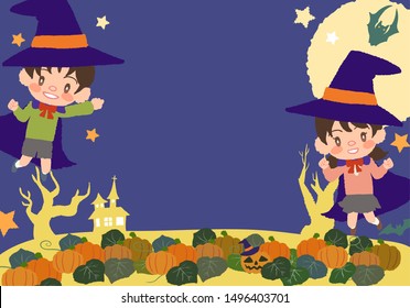 Halloween, disguised kids and pumpkins frame