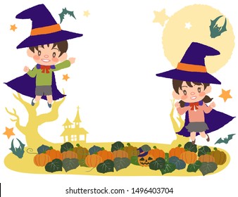 Halloween, disguised kids and pumpkins frame