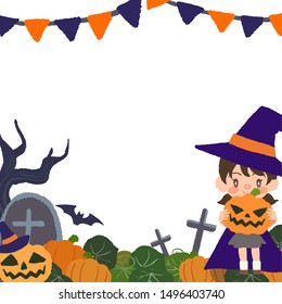 Halloween, disguised kids and pumpkins frame