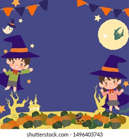 Halloween, disguised kids and pumpkins frame