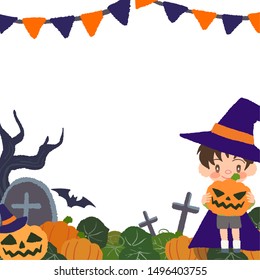 Halloween, disguised kids and pumpkins frame