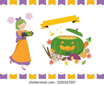 Halloween dish made with autumn vegetables and a woman in costume