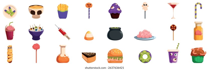 Halloween dishes icons set. Variety of festive halloween themed treats and drinks displayed in a row