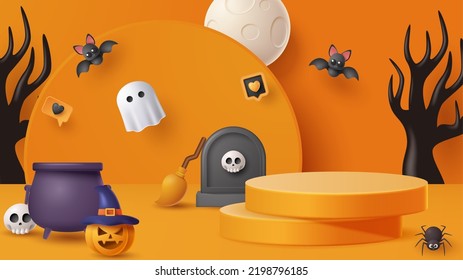 Halloween muestra el fondo de la decoración de podio con adornos aterradores. Ilustración vectorial 3D