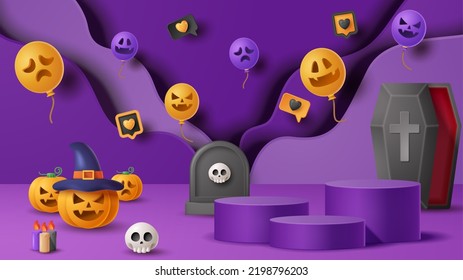 Halloween display podium decoration background with scary ornament. Vector 3D Illustration