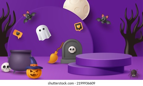 Halloween display podium decoration background with scary ornament. Vector 3D Illustration