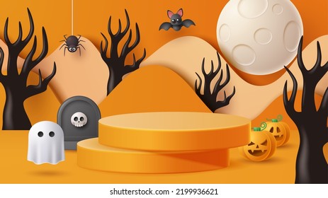 Halloween muestra el fondo de la decoración de podio con adornos aterradores. Ilustración vectorial 3D