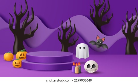 Halloween muestra el fondo de la decoración de podio con adornos aterradores. Ilustración vectorial 3D