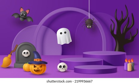 Halloween muestra el fondo de la decoración de podio con adornos aterradores. Ilustración vectorial 3D