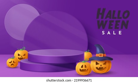 Halloween display podium decoration background with scary ornament. Vector 3D Illustration