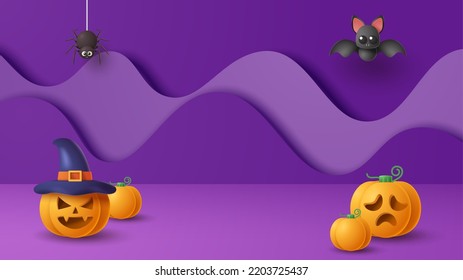 Halloween display podium decoration background with scary ornament. Vector 3D Illustration