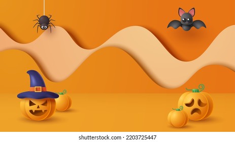 Halloween display podium decoration background with scary ornament. Vector 3D Illustration
