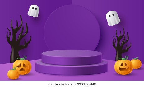 Halloween display podium decoration background with scary ornament. Vector 3D Illustration