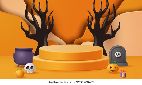 Halloween display podium decoration background with scary ornament. Vector 3D Illustration