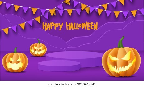 Halloween display template. Halloween pumpkin with podium display in purple room. Vector illustration of Halloween party with bunting flag and product podium display, it can use for show product.