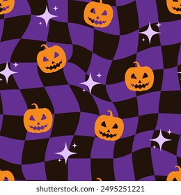 Halloween distorted checkered seamless pattern with pumpkin and star