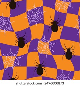 Halloween distorted checkered seamless pattern with spider and cobweb