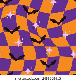 Halloween distorted checkered seamless pattern with bat and star