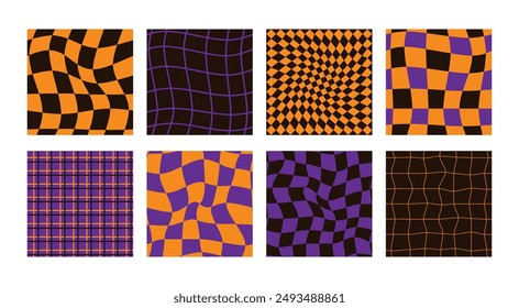 Halloween distorted checkered seamless patterns set. Psychedelic retro backgrounds 60s 70s style.