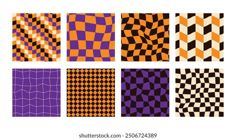 Halloween distorted checkered seamless patterns set. Psychedelic retro backgrounds 60s 70s style.