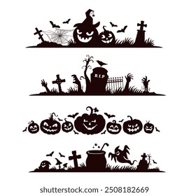 Divisores y fronteras de Halloween, siluetas aterradoras. Marcos de Vector con calabazas negras sonrientes, lápidas, cruces de tumbas y murciélagos, telarañas, olla, fantasma y árboles. Elementos decorativos espeluznantes de vacaciones