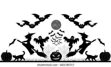 Halloween dividers collection. Horizontal borders with holiday objects and characters. Cat, Autumn, Pumpkin, Ghost, Bat, Web, Element, Witch. Vector image