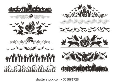 Halloween dividers collection. Horizontal borders with holiday objects and characters. Spiders, web, witches and pumpkins.