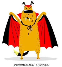 Halloween dog character in costume of vampire. Horror bat masquerade suit . Cartoon vector illustration with monster dog