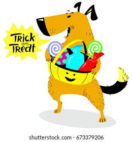 Halloween dog character. Cute pet with basket of sweets and candies. Trick or treat speech bubble. Cartoon vector illustration with cheerful dog