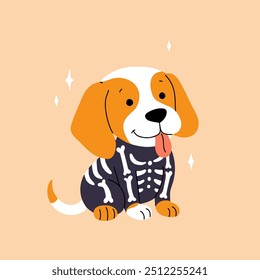 Carácter del perro de Halloween en traje del esqueleto con el cráneo y los huesos. Letras de feliz Halloween en la burbuja del discurso. Ilustración vectorial de dibujos animados con perro lindo para el avatar de la temporada de otoño