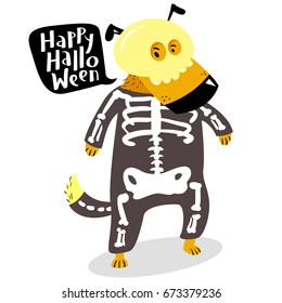 Halloween dog character in skeleton costume with skull and bones. Happy Halloween lettering in speech bubble. Cartoon vector illustration with cute dog for autumn season avatar