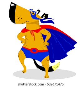 Halloween dog character in super hero costume. Cute pet in fancy costume of super hero. Vector illustration with cartoon dog in mask and cloak 