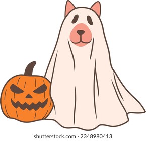 Fantasma de perro de Halloween con vectores de vestimenta de calabaza