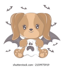 Halloween dog with a ghost. Vector illustration of Halloween animal. Cute little illustration Halloween puppy for kids, fairy tales, covers, baby shower, textile t-shirt, baby book.