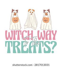 Halloween dog ghosts asking witch way to the treats with halloween celebration typography trickortreat illustration creative lettering seasonal colorful