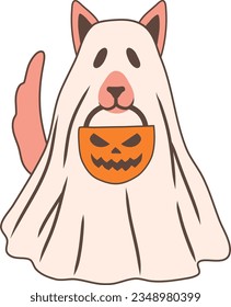 Halloween Dog with Pumpkin Ghost Costume Vector Illustration