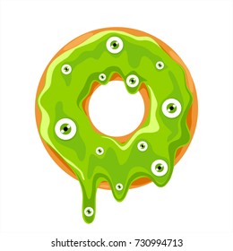 Halloween donut with green glaze with slime. Trick or treat. Vector illustration