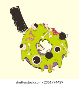 Halloween donut in retro cartoon style. Vector illustration of a donut with eyes and maggots.