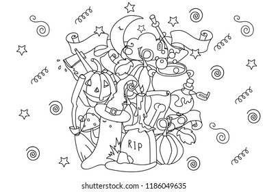 Halloween doodle art. Vector for coloring book, outline, easy to change color, separated objects. Halloween decorations.