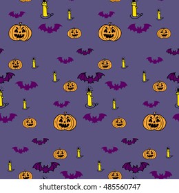 Halloween doodle background. Hand drawn vector seamless pattern.