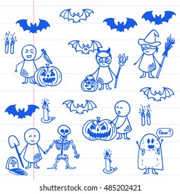 Halloween doodle background on notebook page. Hand drawn vector set.