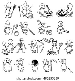 Halloween doodle background. Set of  halloween costume characters. Vector illustration.