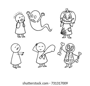 Halloween doodle background. Set of  Halloween costume characters. Vector hand drawn icons.