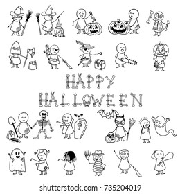 Halloween doodle background. Set of  halloween costume characters. Vector hand drawn icons.