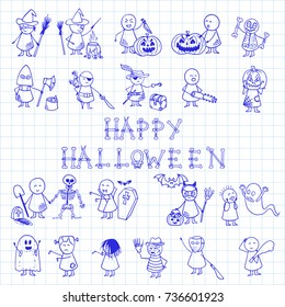 Halloween doodle background. Set of  halloween costume characters. Vector hand drawn icons notebook page.